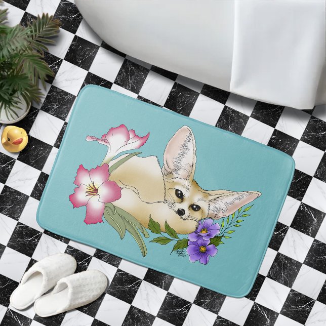 Tapis De Bain Renard Fennec Fleurs Roses Mignon Bleu Botanique (Créateur téléchargé)