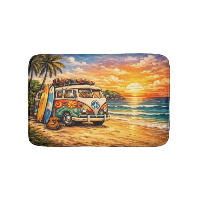 Tapis De Bain Retro 60s Hippie Beach Bus Sunset | Surf Van Life (Devant)