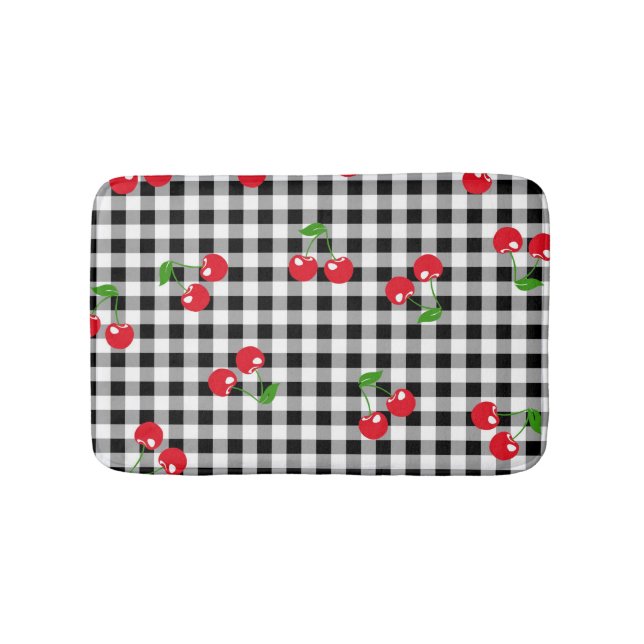 Tapis De Bain Retro Chic Cute Rouge Cerise Noir & Blanc En vichy (Devant)