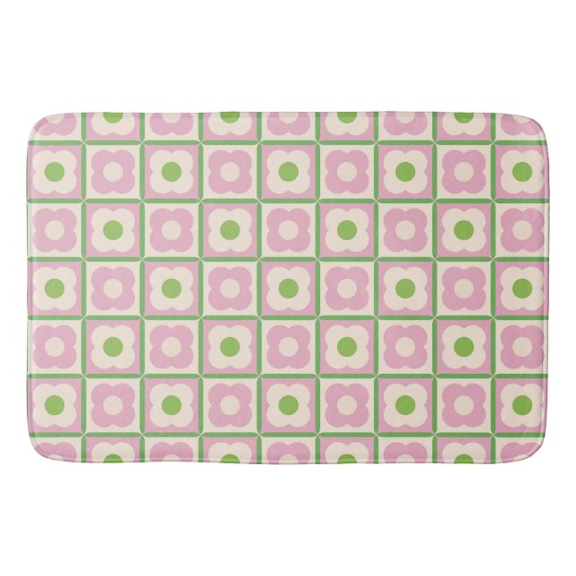 Tapis De Bain Retro Floral Checker Motif rose et vert (Devant)