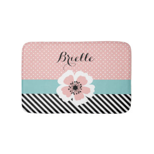 Tapis De Bain Rétro pois rose et fleur de rayures avec le nom