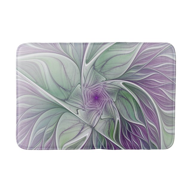 Tapis De Bain Rêve de fleurs, art fractal abstrait violet vert (Devant)