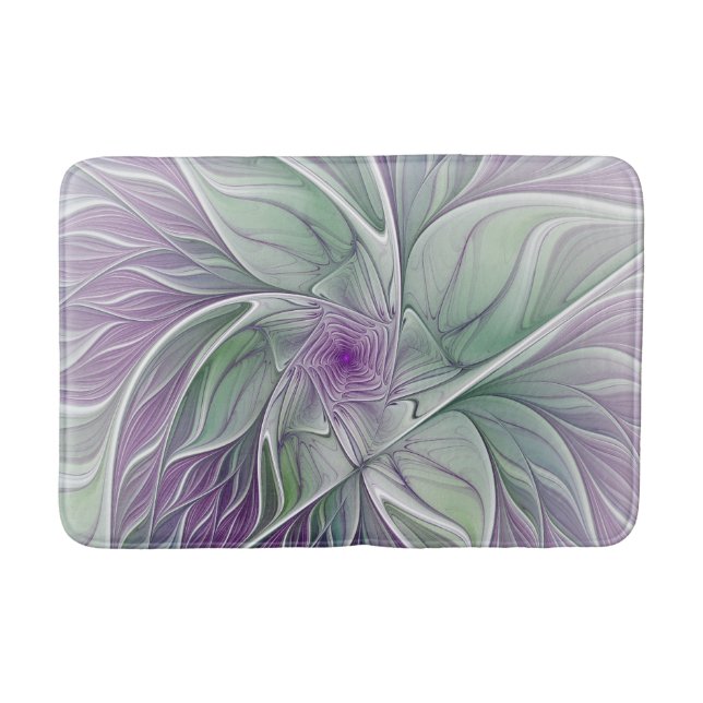 Tapis De Bain Rêve de fleurs, art fractal abstrait violet vert (Devant)