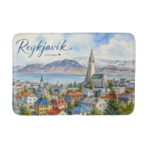 Tapis De Bain Reykjavik Islande souvenir aquarelle