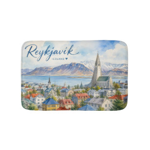 Tapis De Bain Reykjavik Islande souvenir aquarelle