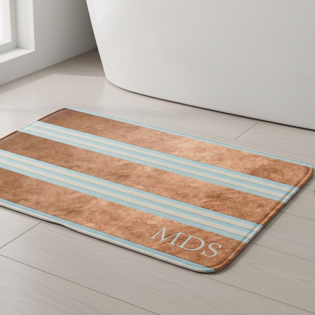 Tapis De Bain Robin Oeuf Bleu Gras Monogramme Bain Gravé (Robin egg blue with faux metallic copper horizontal stripes and space for your initials (or remove))