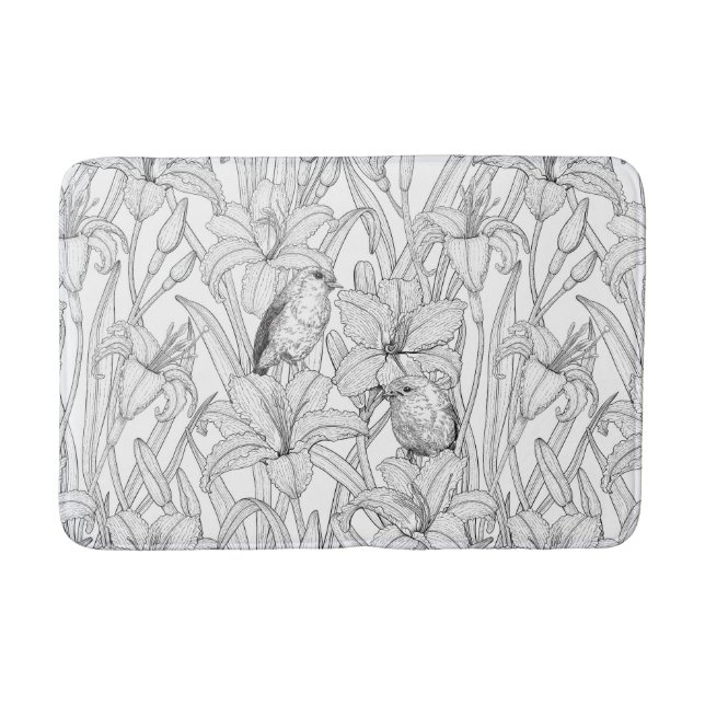 Tapis De Bain Robins et fleurs de lys, noir et blanc (Devant)
