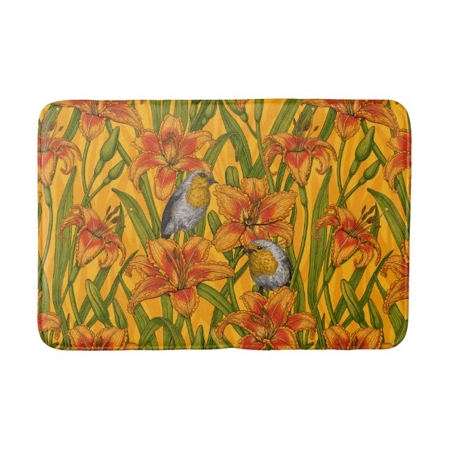 Tapis De Bain Robins et fleurs de lys, orange et vert (Devant)