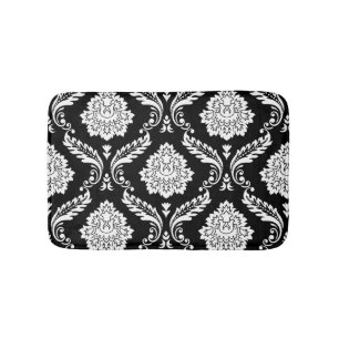 Tapis De Bain Rococo Damassé Grand Motif Blanc sur Noir