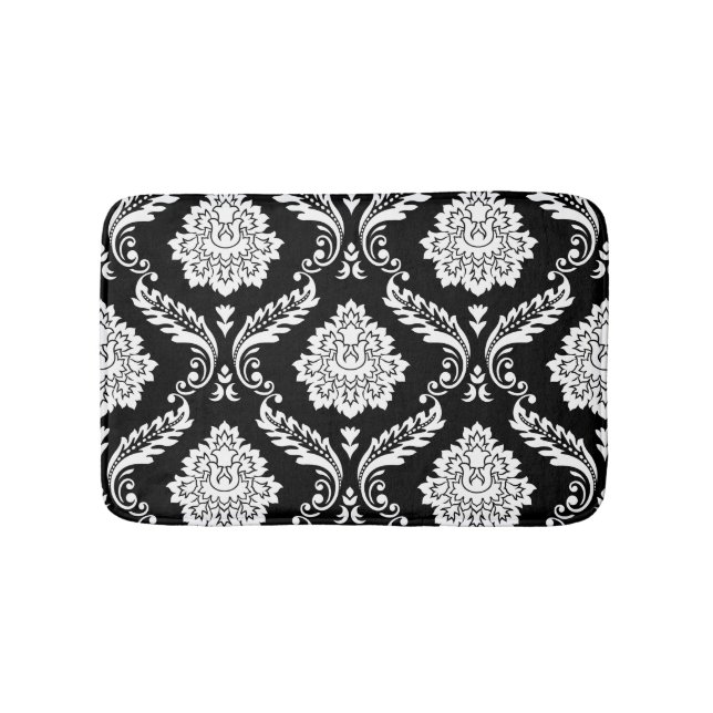 Tapis De Bain Rococo Damassé Grand Motif Blanc sur Noir (Devant)