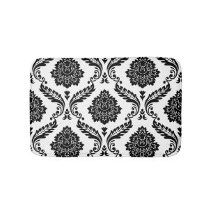 Tapis De Bain Rococo Damassé Grand Motif Noir sur Blanc