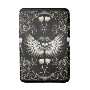 Tapis De Bain Romance gothique victorien crâne ailes et roses bl