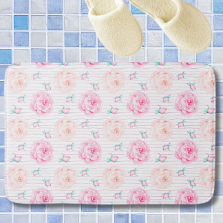 Tapis De Bain Romantic Pink Watercolor Pastel Roses With Stripes