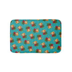 Tapis De Bain Romantique Red Peach Rose Motif Turquoise Damask
