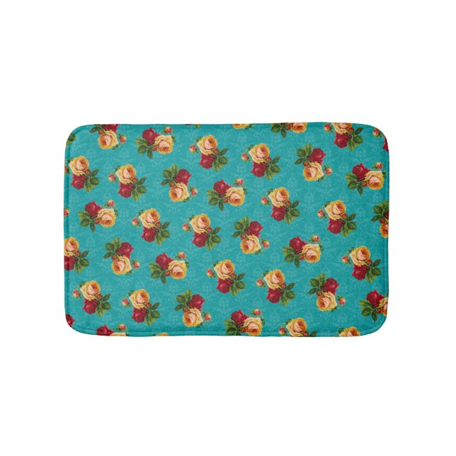 Tapis De Bain Romantique Red Peach Rose Motif Turquoise Damask (Devant)