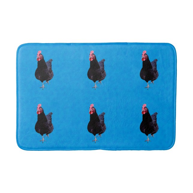 Tapis De Bain Rooster Noir Sur Arrière - plan Bleu, (Devant)