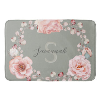 Tapis De Bain Rose d'aquarelle Wreath personnalisée | Vert sage