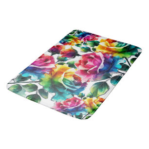 Tapis De Bain Rose de l'arc-en-ciel Fleur floral coloré vibrant