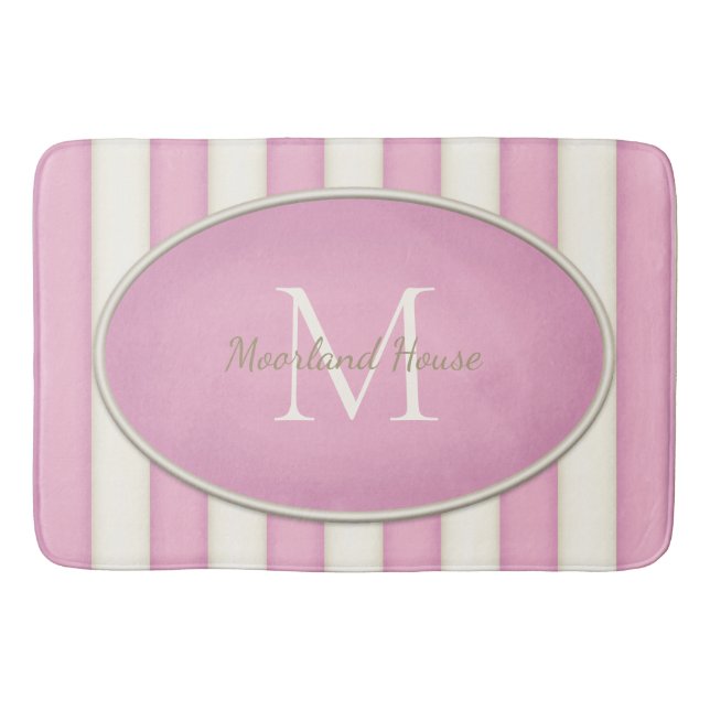 Tapis De Bain Rose et blanc d'antiquité rayures Ovale Monogramme (Devant)