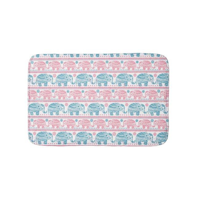 Tapis De Bain Rose et motif ethnique turquoise d'éléphant (Devant)
