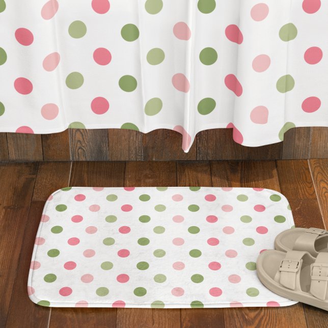 Tapis De Bain Rose et vert sauge à pois (Pink & Sage Green Polka Dot Bath Mat)