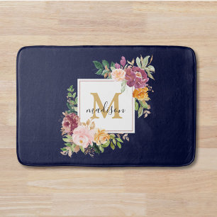 Tapis De Bain Rose florale botanique élégante à monogramme aquar