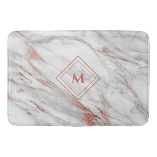 Tapis De Bain Rose Gold & Marbre Blanc Cuivre Élégant Monogram