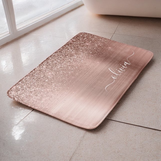 Tapis De Bain Rose Gold Métal Brossé Paillettes Monogramme Rose (Créateur téléchargé)