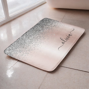Tapis De Bain Rose Gold - Rose Pâle Paillettes Argent Monogramme