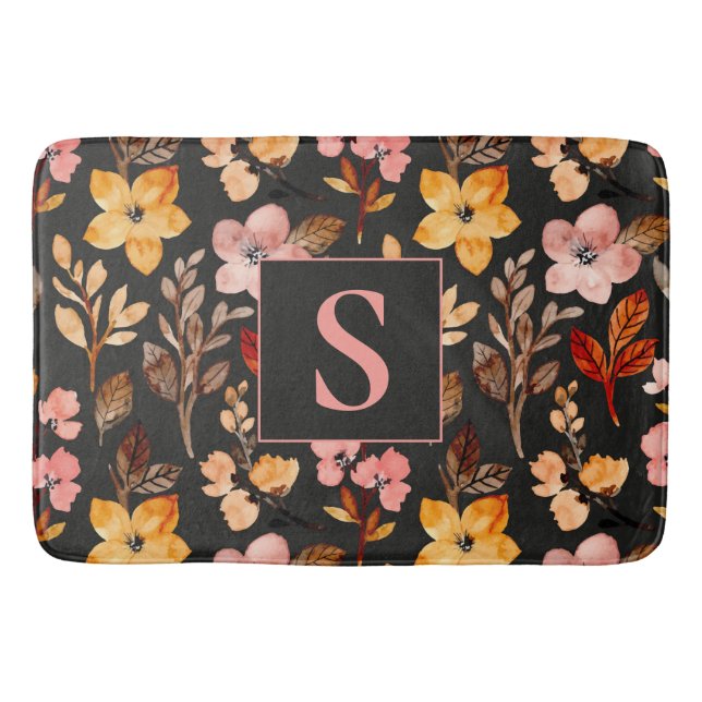 Tapis De Bain Rose Jaune Orange Floral Noir Monogramme (Devant)