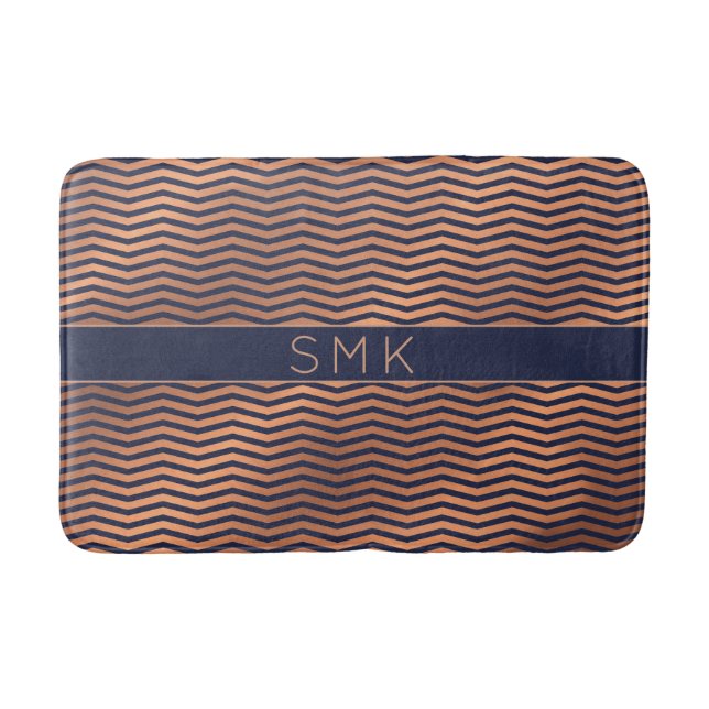 Tapis De Bain Rose moderne Gold Foil Chevron Navy Blue Monogramm (Devant)