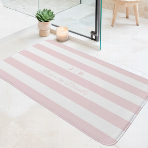 Tapis De Bain Rose Pâle Et Blanc Larges Rayures Monogramme Nom
