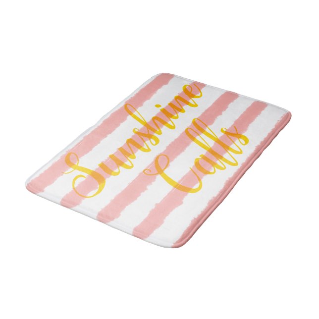 Tapis De Bain Rose pastel aquarelle rayures blanches (Angle)