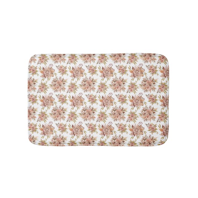 Tapis De Bain Rose Pêche Rouge Brun Vert Floral Fleurs  (Devant)