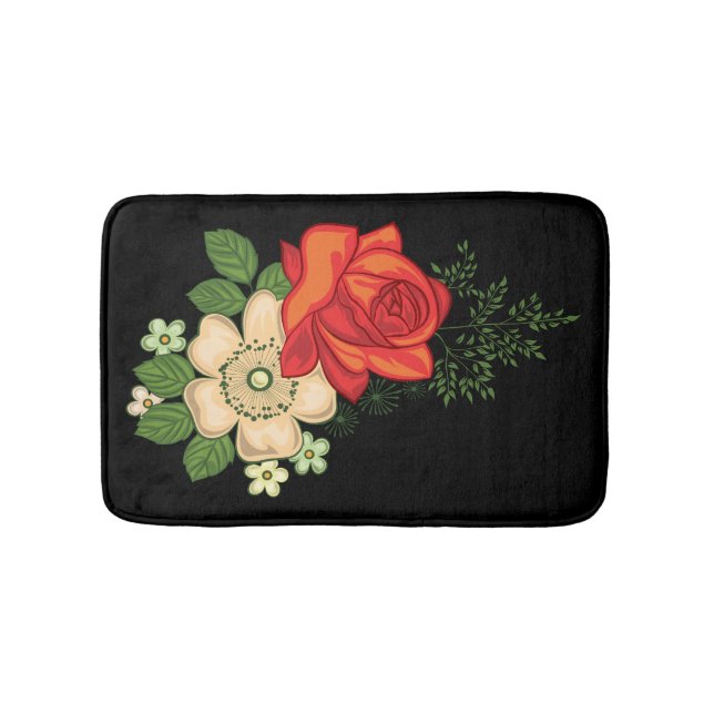 Tapis De Bain Rose rouge et marguerites sur fond noir (Devant)
