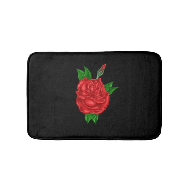 Tapis De Bain Rose rouge sur noir (Devant)