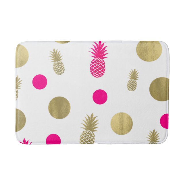 Tapis De Bain Rose vif et pois or et ananas Été chic amusant (Devant)
