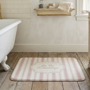 Tapis De Bain Rose Vintage et Crème Rayée Campagne Française 