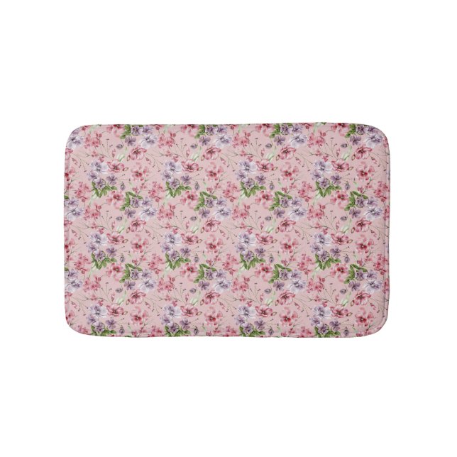 Tapis De Bain Rose Violet Floral Vert  (Devant)