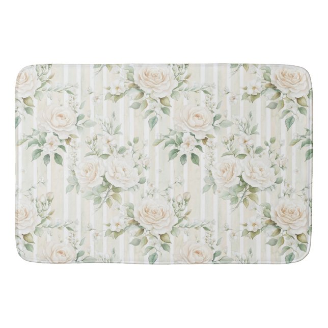 Tapis De Bain Roses blanches teintées de rose romantiques rayure (Devant)