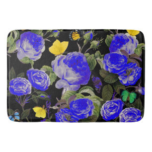 Tapis De Bain ROSES BLEUS ET BOUTEILLES JAUNES Noirs