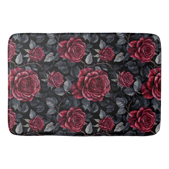 Tapis De Bain Roses bourguignons avec Motif Arrière - plan noir (Devant)