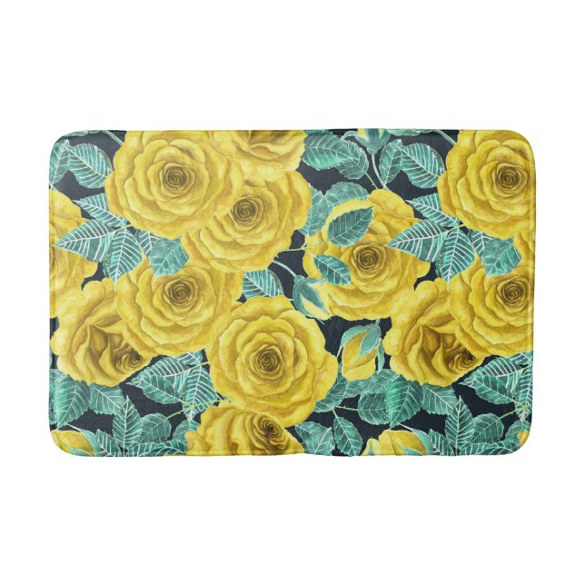 Tapis De Bain Roses d'aquarelle jaune avec feuilles et pattes de (Devant)
