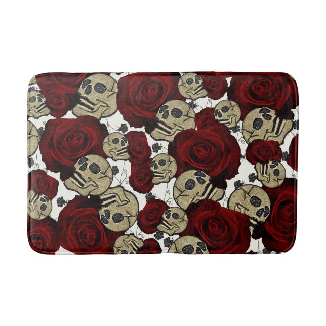 Tapis De Bain Roses et crânes rouges Noir Floral Blanc gothique (Devant)