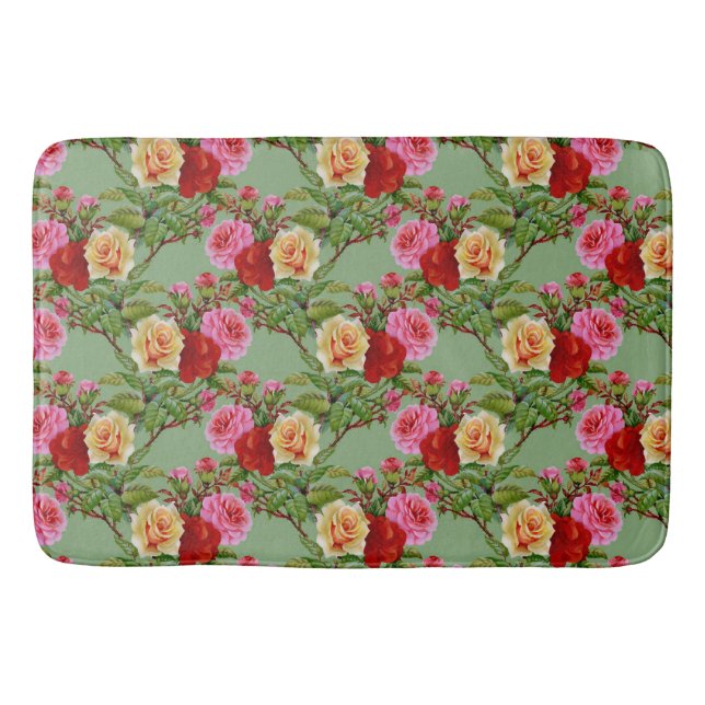 Tapis De Bain Roses et feuillage rose rouge Motif (Devant)
