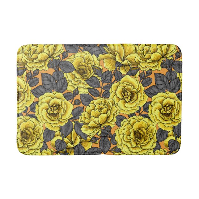 Tapis De Bain Roses jaunes avec feuilles gris sur orange (Devant)