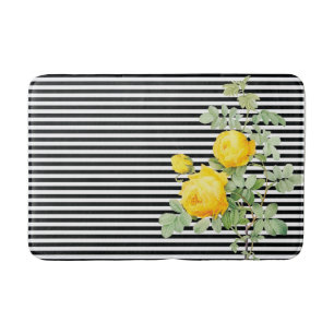 Tapis De Bain Roses jaunes vintages sur bandes noires et blanche