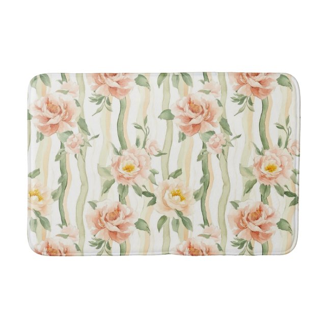 Tapis De Bain Roses Menthe Pêche Rayures Florales   (Devant)