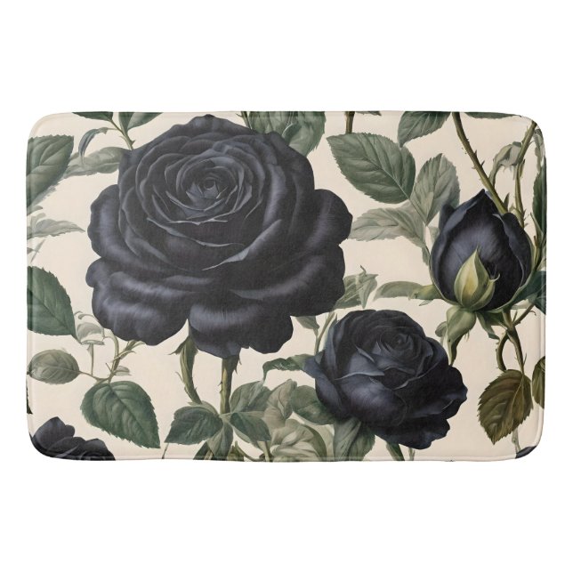 Tapis De Bain Roses Noirs Et Feuilles Verts, (Devant)