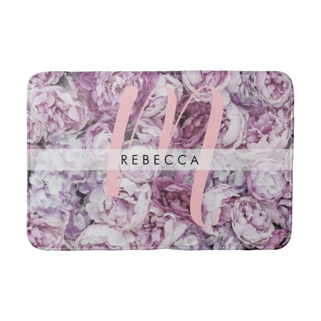 Tapis De Bain Roses Paeonies Roses Fleuris Monogramme Élégant (Devant)